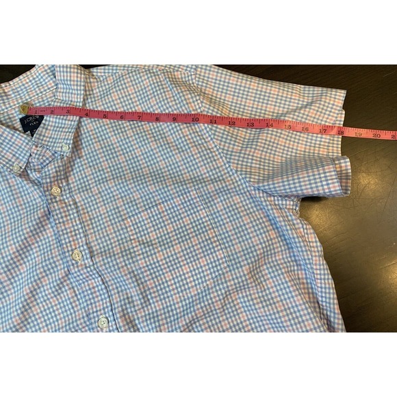 J Crew Button Shirt Mens XL 17-17.5 Flex Short Sleeve Blue Pink Check Stretch - Picture 11 of 12